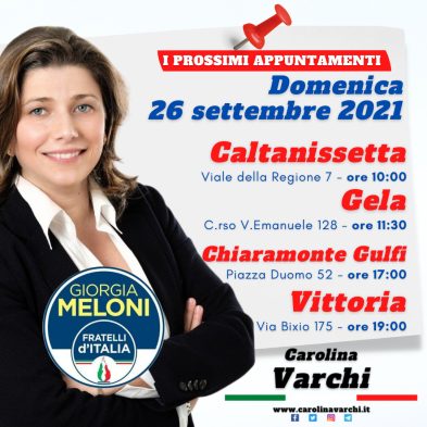 On. Carolina Varchi, prossimi appuntamenti, domenica 26 settembre 2021