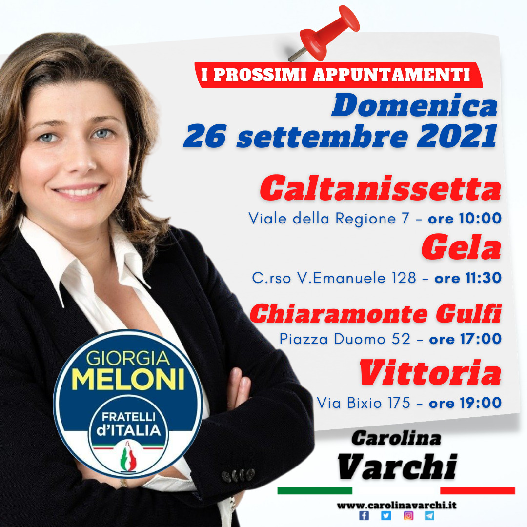 Carolina Varchi, prossimi appuntamenti, domenica 26 settembre 2021